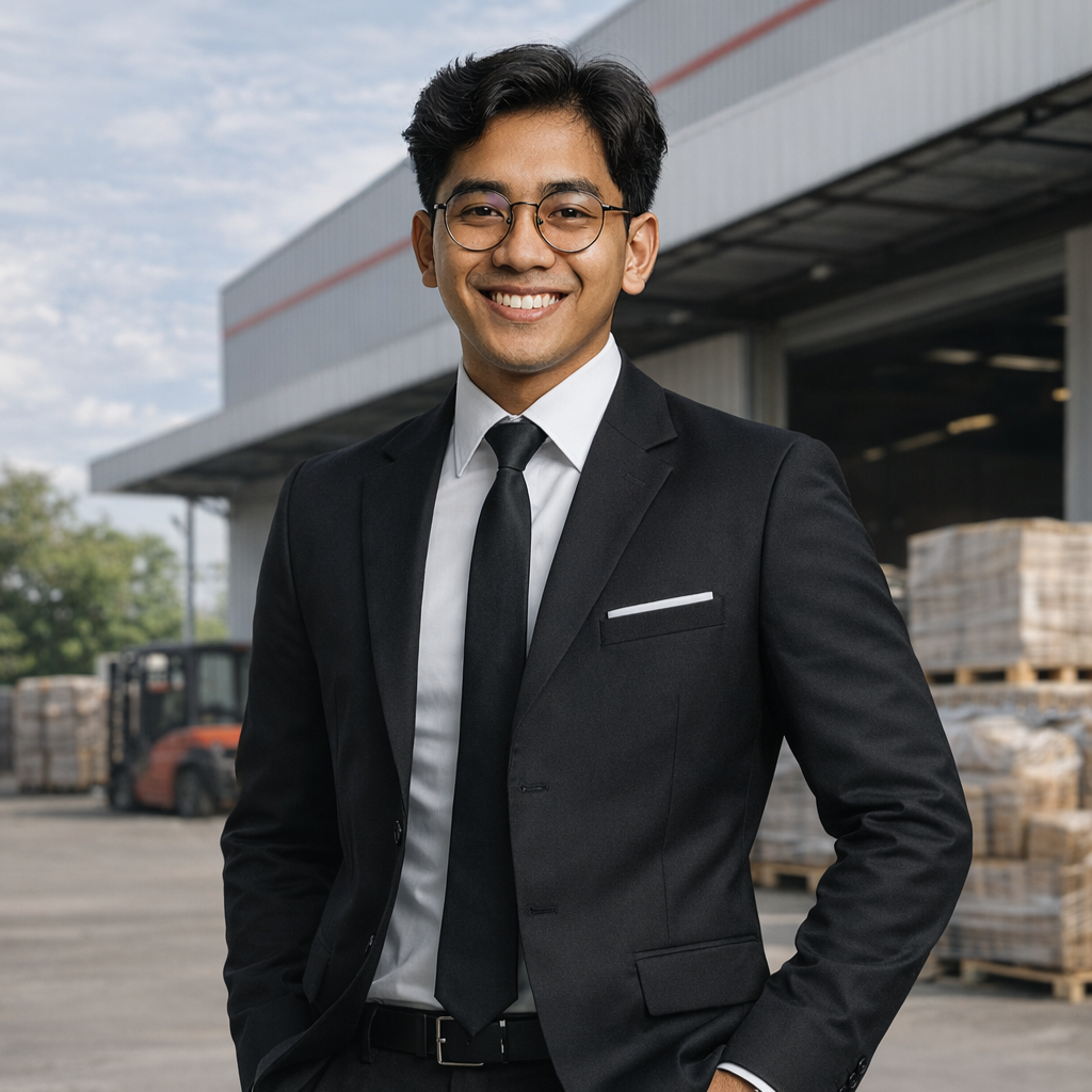 Company representative standing in front of a charcoal briquette warehouse in Indonesia.