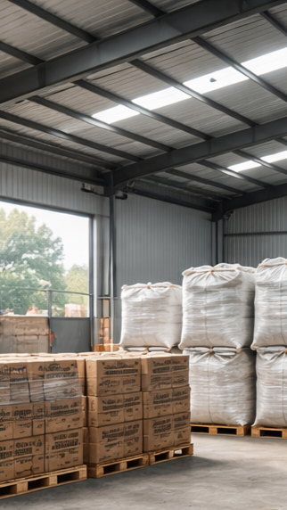 Interior view of a charcoal warehouse used for storage and export preparation in Indonesia.
