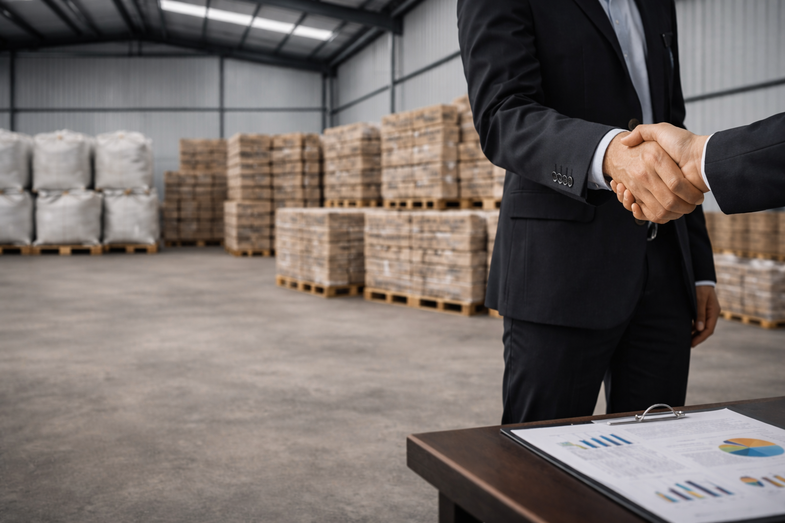 Business discussion inside a charcoal warehouse during export cooperation planning.