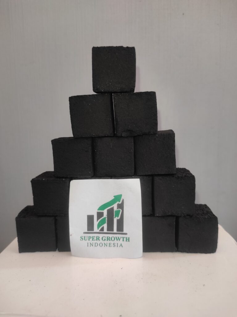 Stacked shisha charcoal briquettes arranged in a triangular formation with PT Super Growth logo.